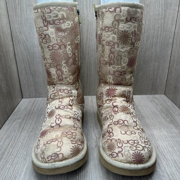 UGG 5515 Tall Winter Boots Womens 6 Lined Monogram Logo Zip Tan Beige - Picture 3 of 12